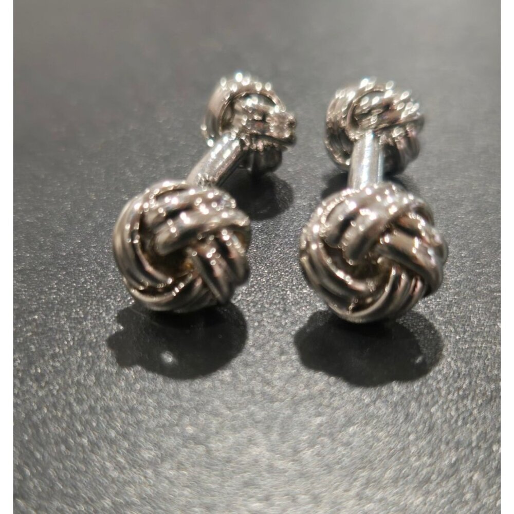 Double Knot Silver Toned Cufflinks For Men’s Formal Wear Unique Woven Design Pol - Picture 2 of 4